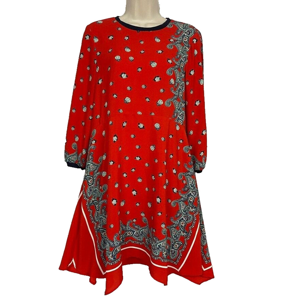 Zara Dress Womens Small‎ Red Paisley Bandana Print Handkerchief Hem Boho Shift